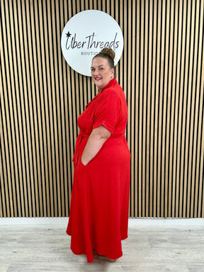 Chunky Button Belted Shirt Dress - Red