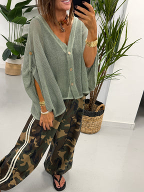 Mesh Button Cardigan - Khaki