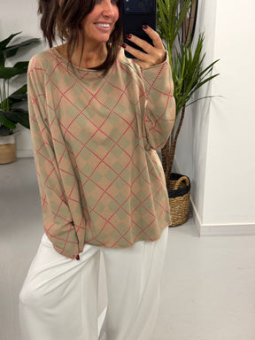Argyle Boxy Sweat- Mocha/Green  (Size 12-16)