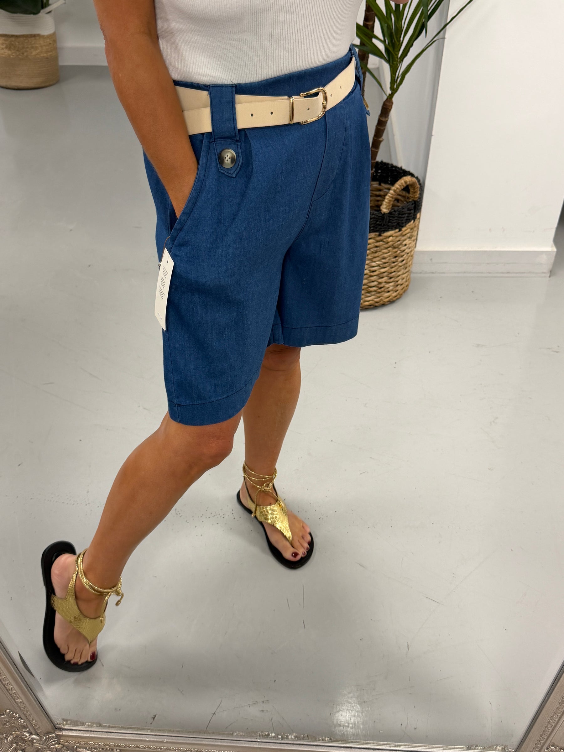 Belted Button Shorts - Denim