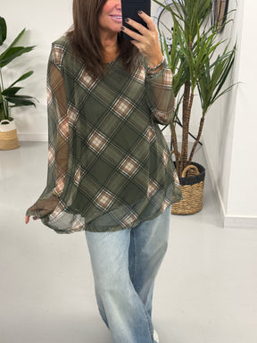 Layered Tartan Mesh Top - Khaki