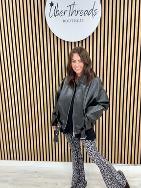 The Vegan Leather Belted Bomber - Black