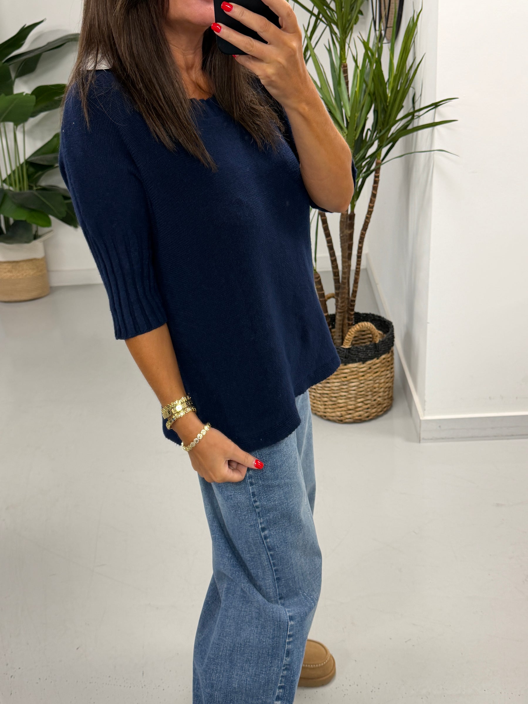 Crop Sleeve Boat Neck Knit - Navy
