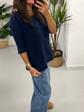 Crop Sleeve Boat Neck Knit - Navy