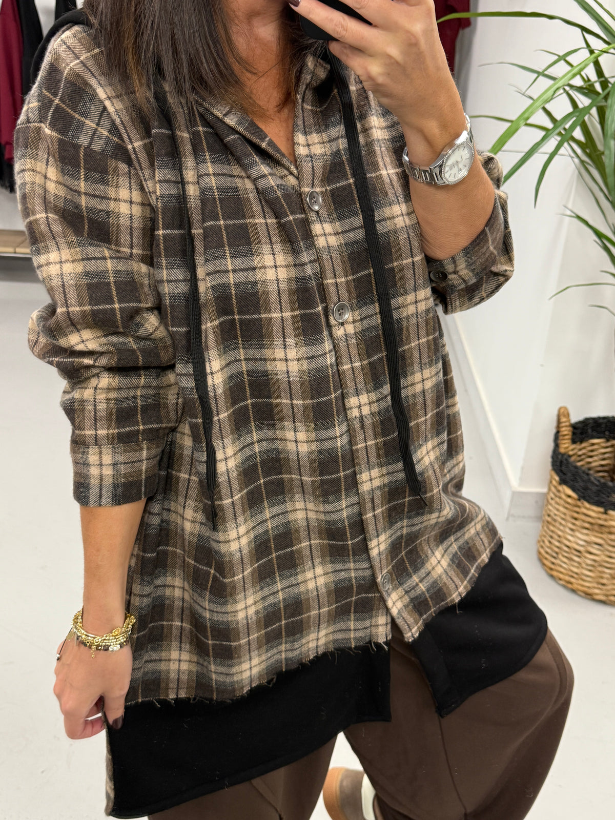 Hooded Check Shacket - Chocolate