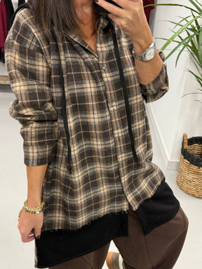 Hooded Check Shacket - Chocolate