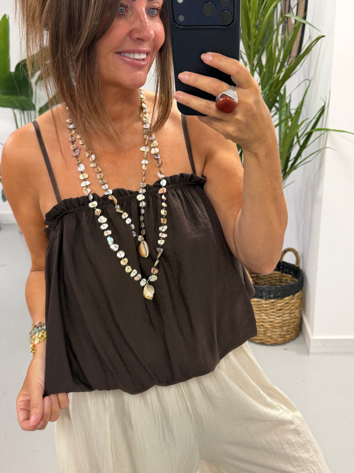 Crinkle Bubble Hem Cami - Chocolate