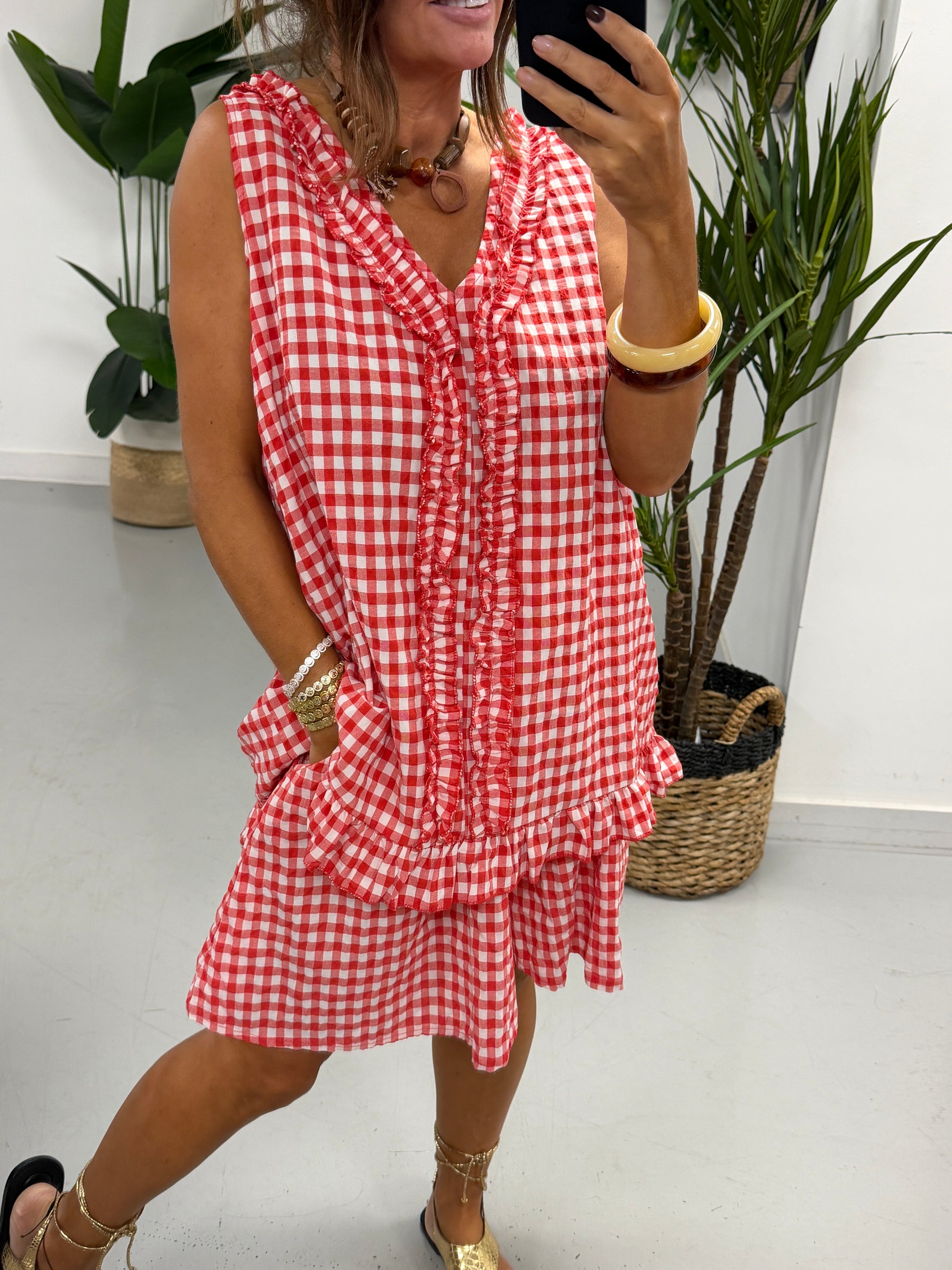 The Gingham Frill Tunic- Red