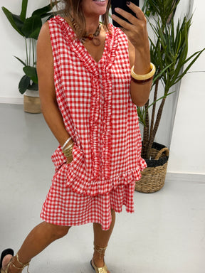 The Gingham Frill Tunic- Red