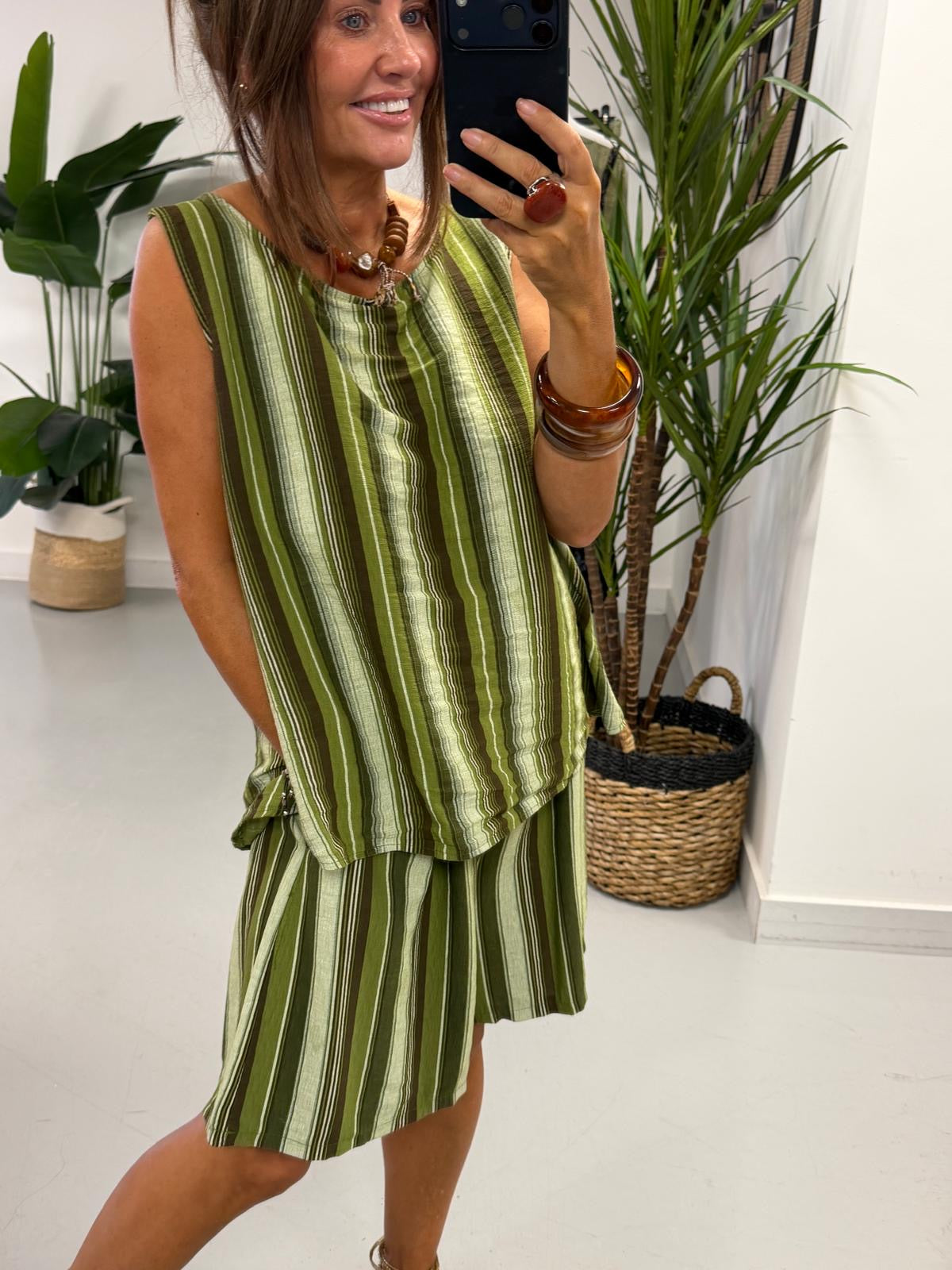 Belted Stripe Shorts Set - Green
