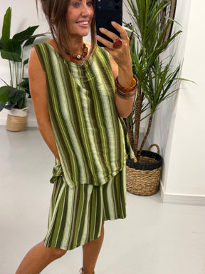 Belted Stripe Shorts Set - Green