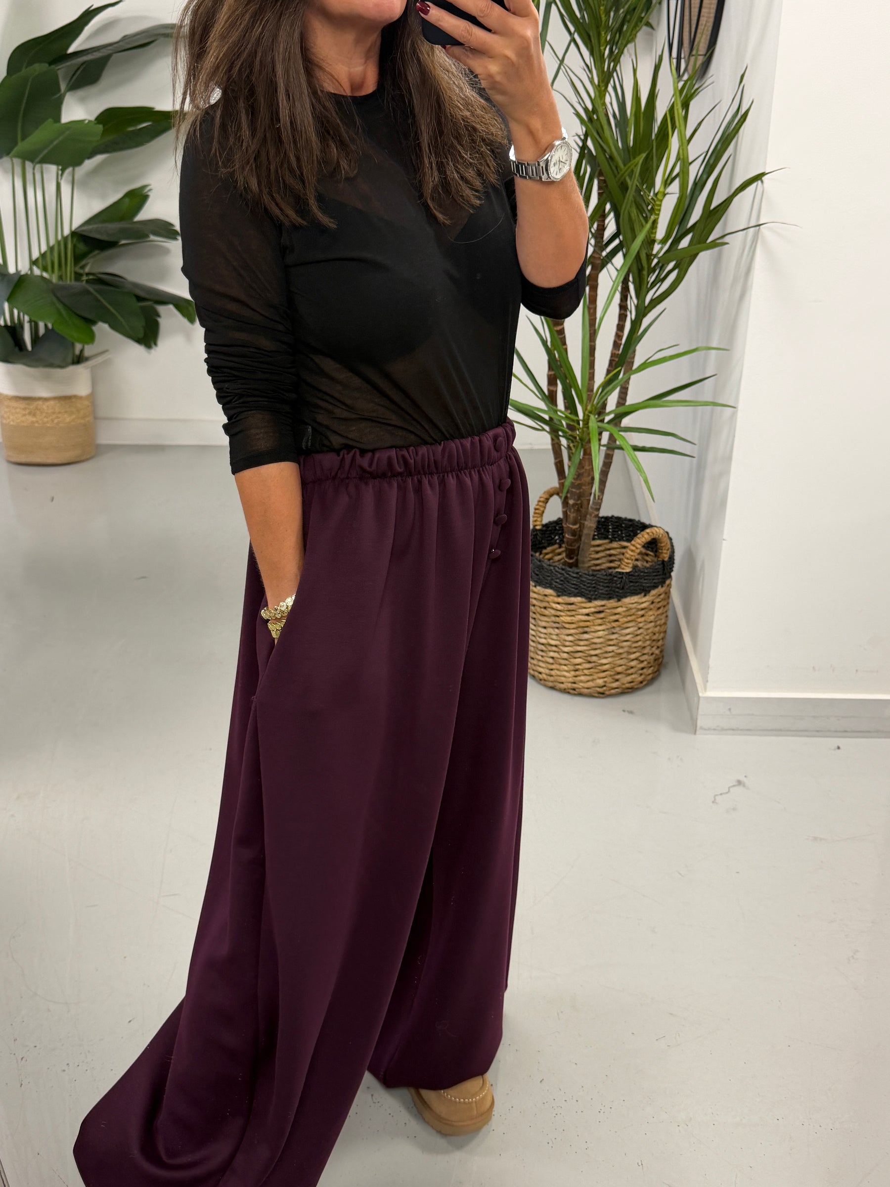Button Front Balloon Cuff Joggers - Aubergine (Size 12-20)