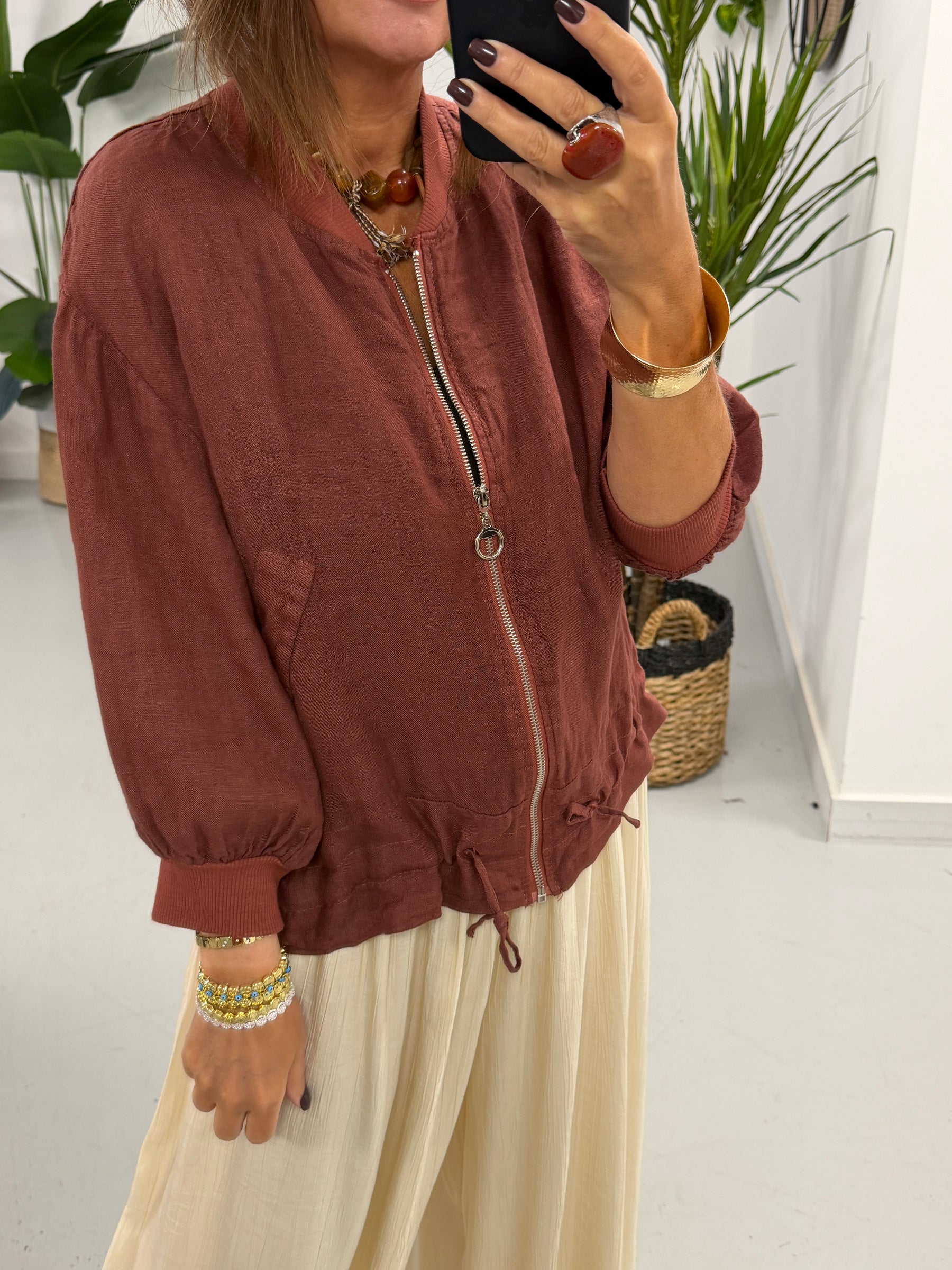 Linen Bomber Jacket - Rust
