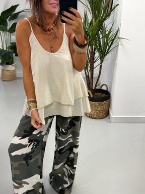 Camo Wide Leg Trousers - Beige