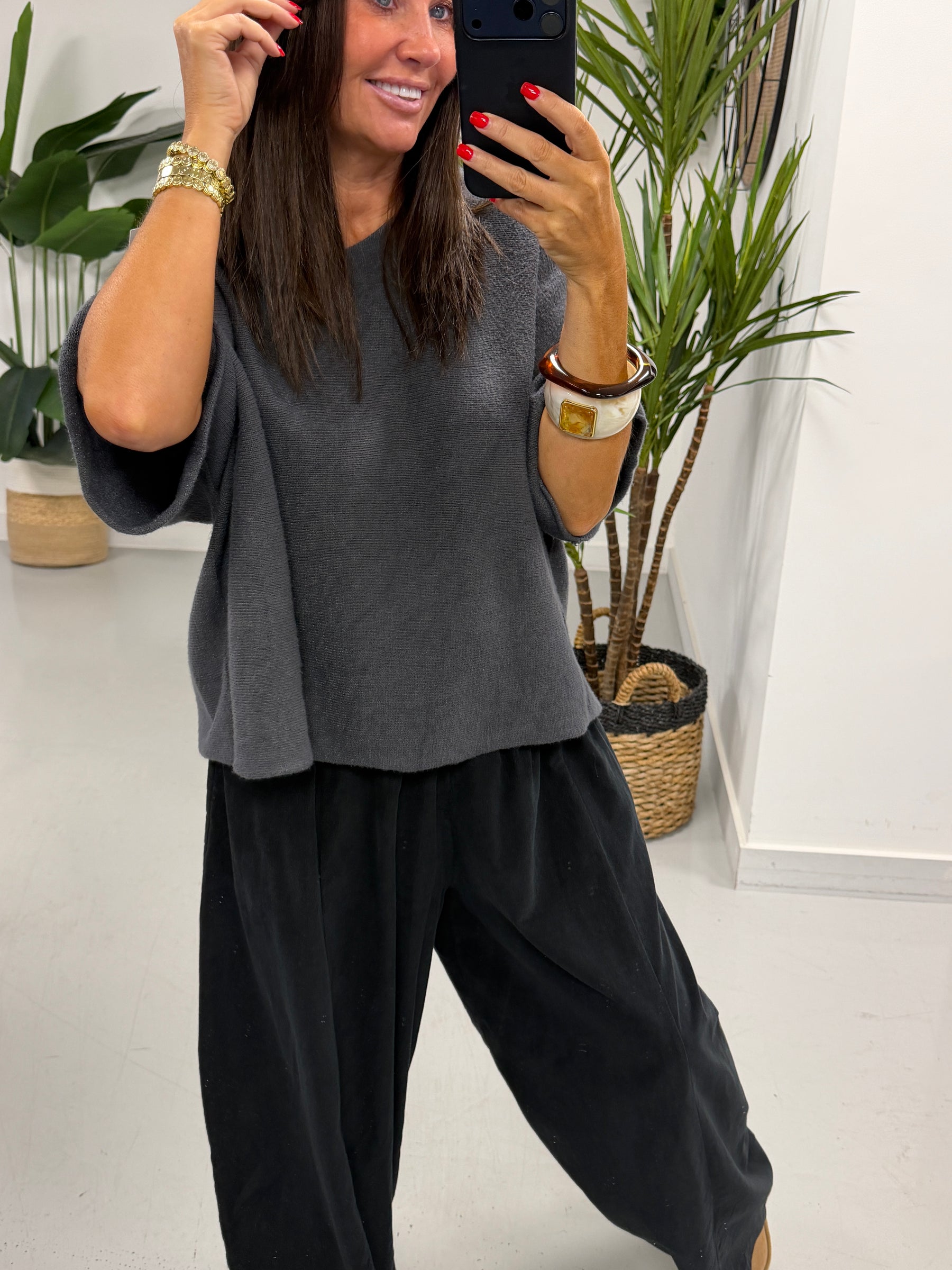 Gracie Crop Sleeve Knit - Grey