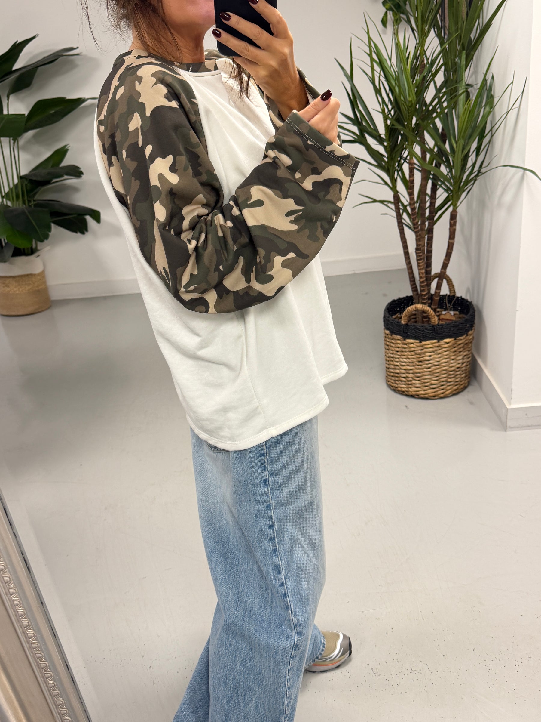 The Conrad Camo Raglan Sweater - White