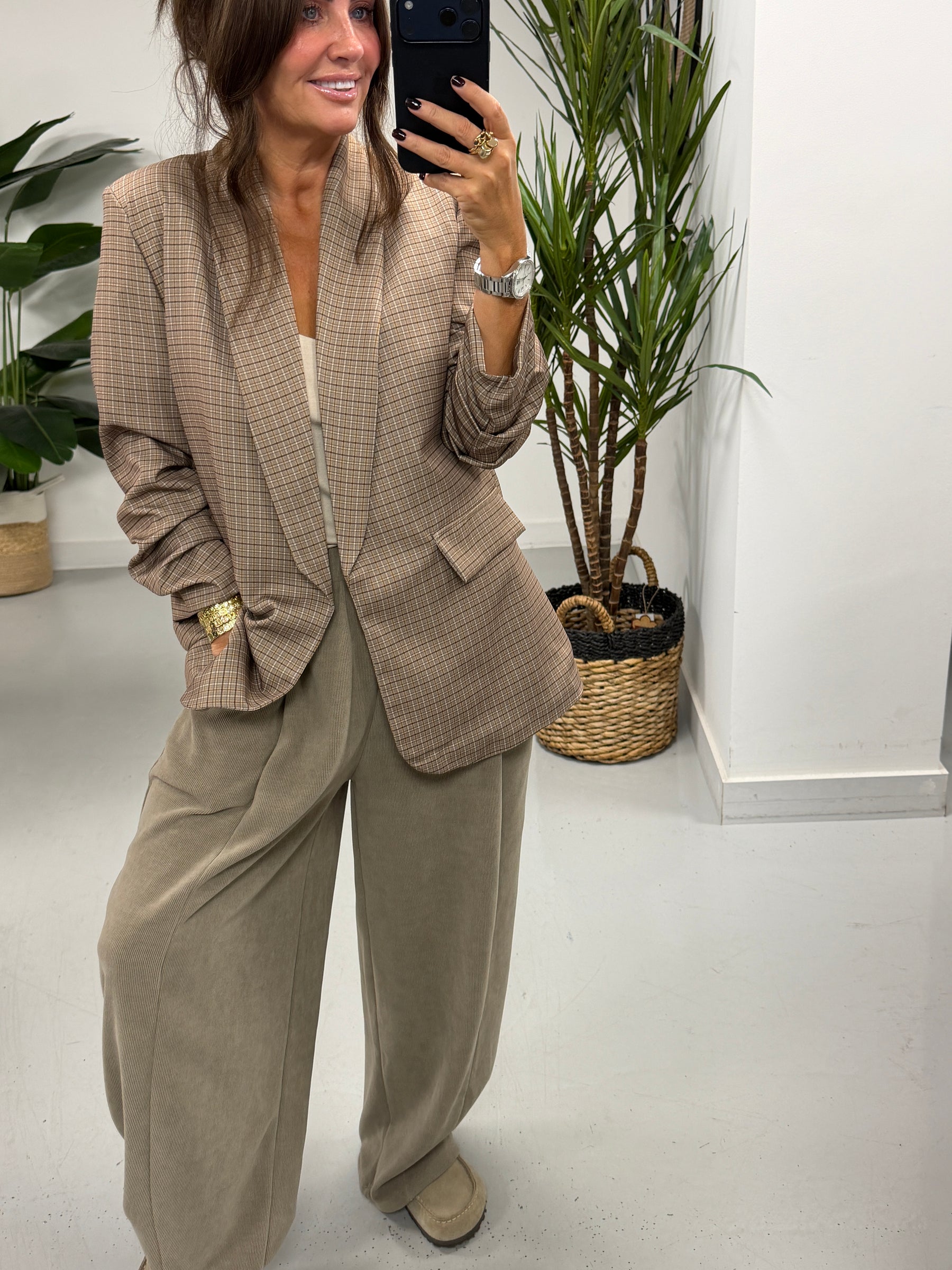 Ruched Sleeve Plaid Blazer - Taupe  (Std sizes)