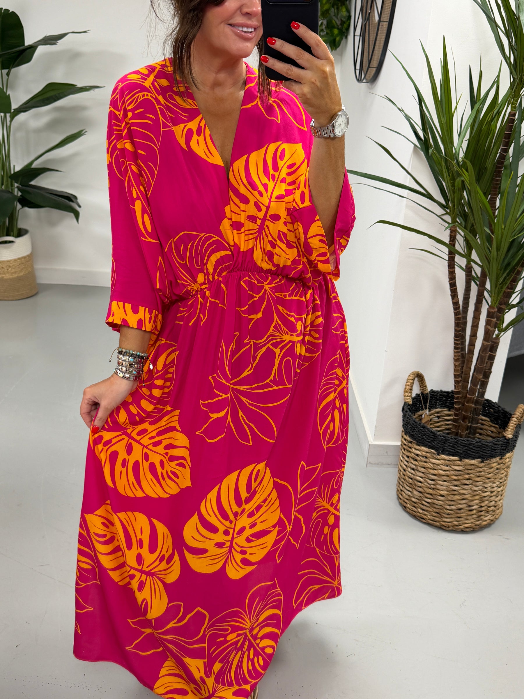 Leaf Cross Over Dress - Pink/Orange