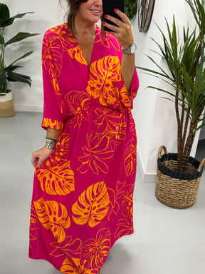Leaf Cross Over Dress - Pink/Orange