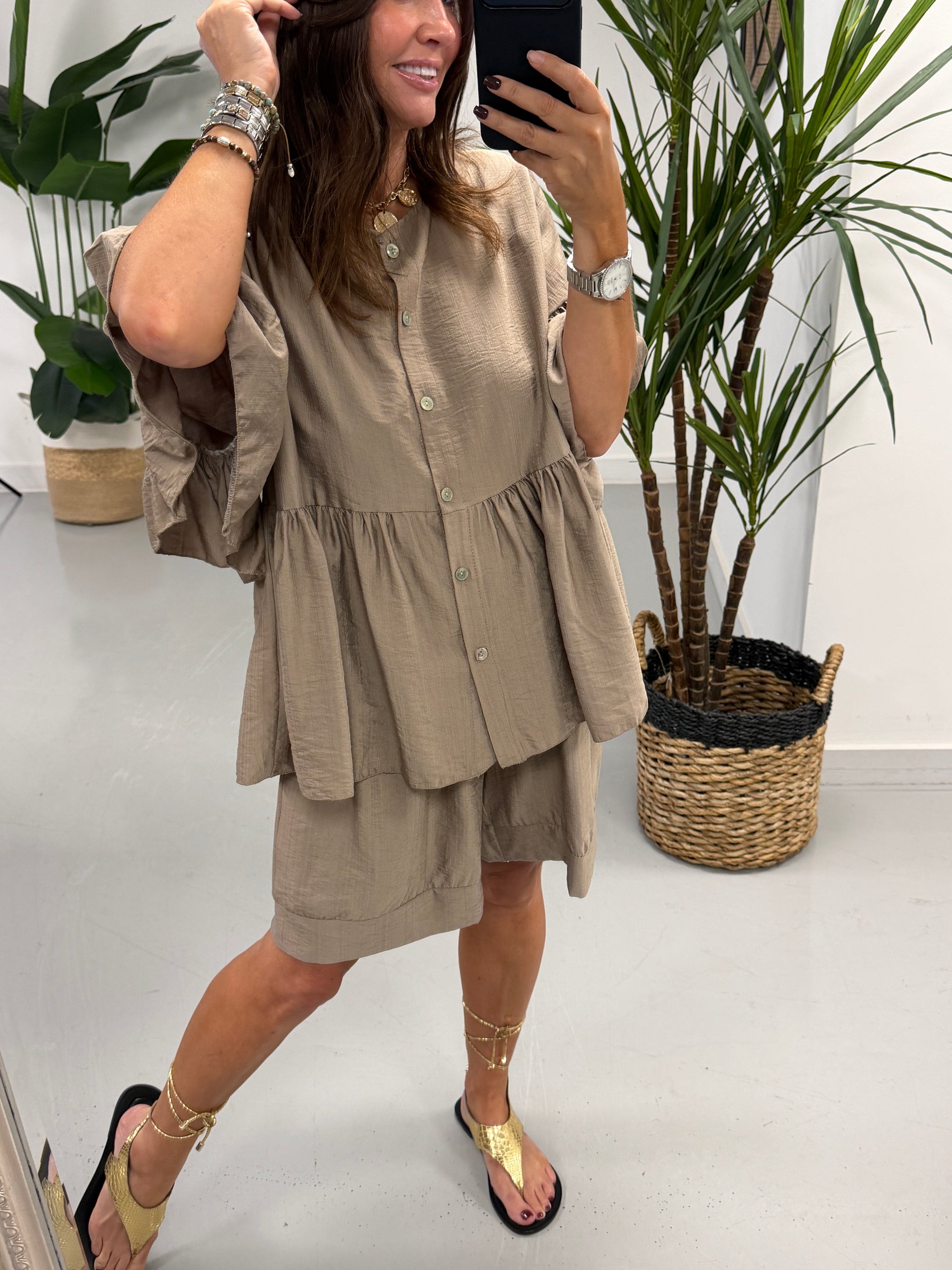 Peplum Button Short Set - Taupe