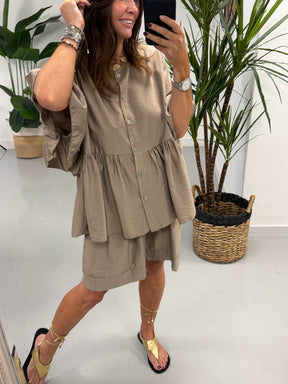 Peplum Button Short Set - Taupe