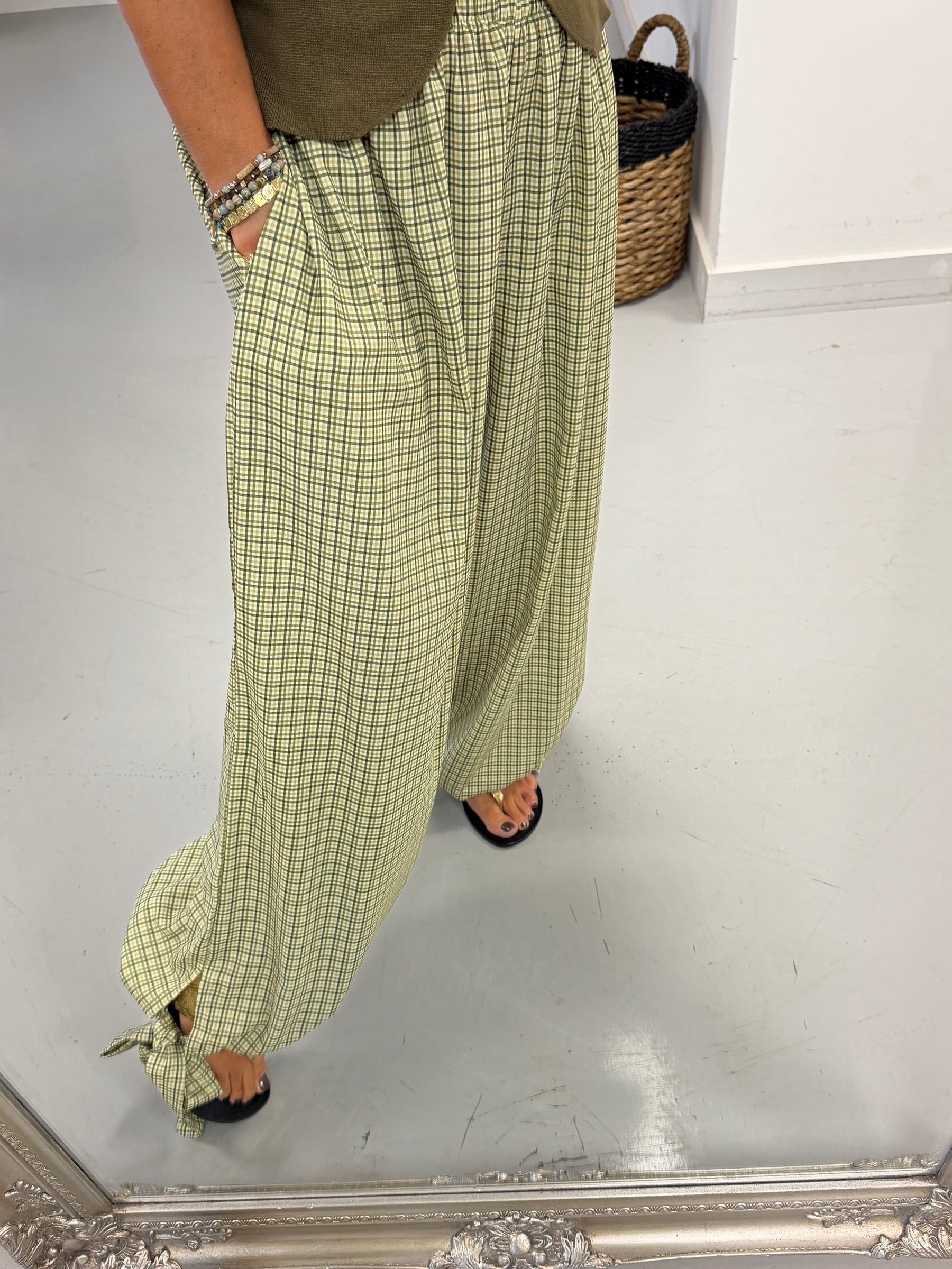 Checked Tie Cuff Trousers - Green