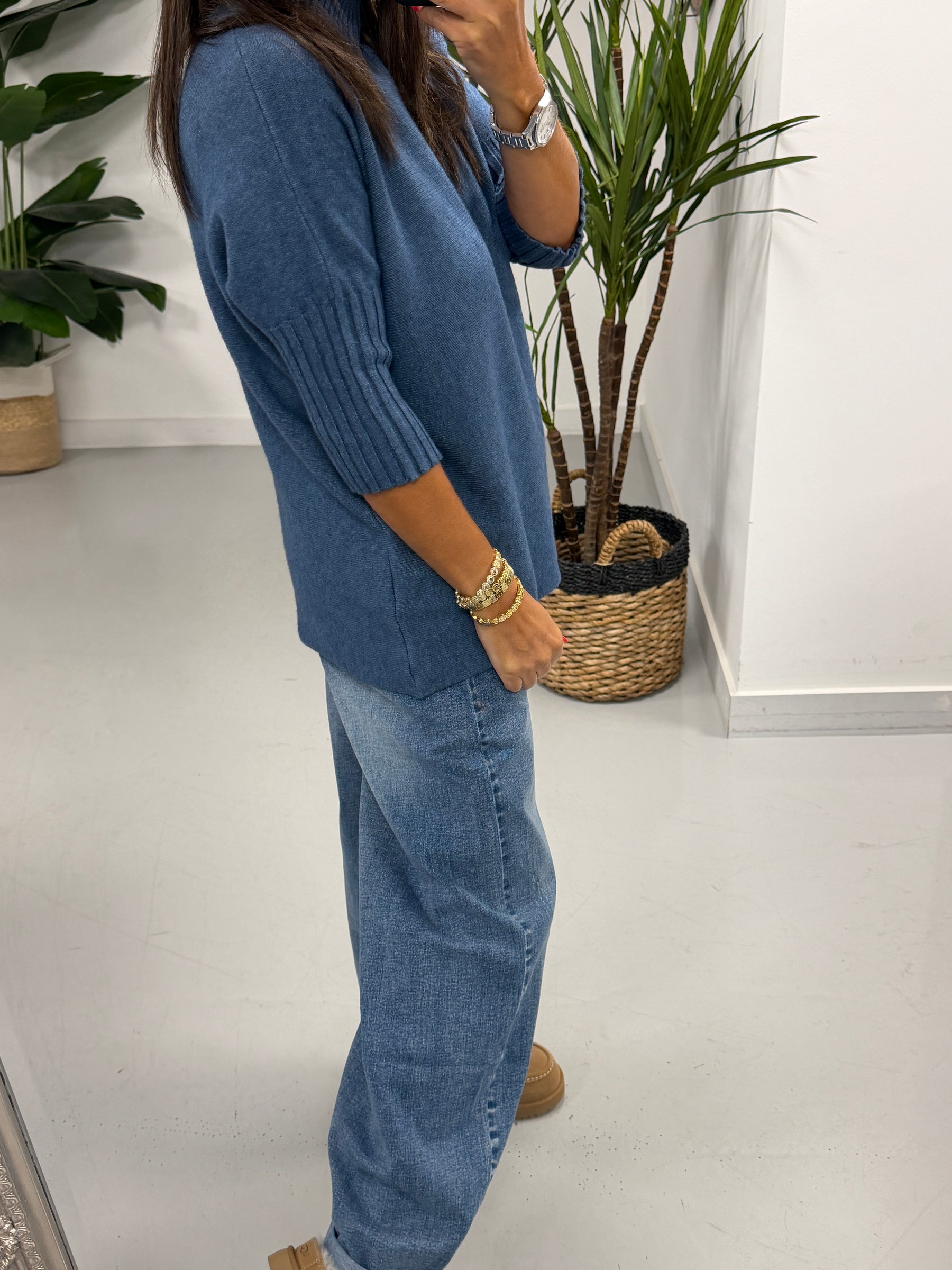 Crop Sleeve Knit - Denim Blue