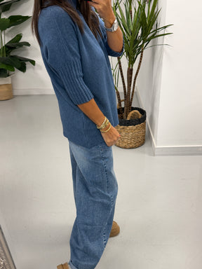 Crop Sleeve Knit - Denim Blue