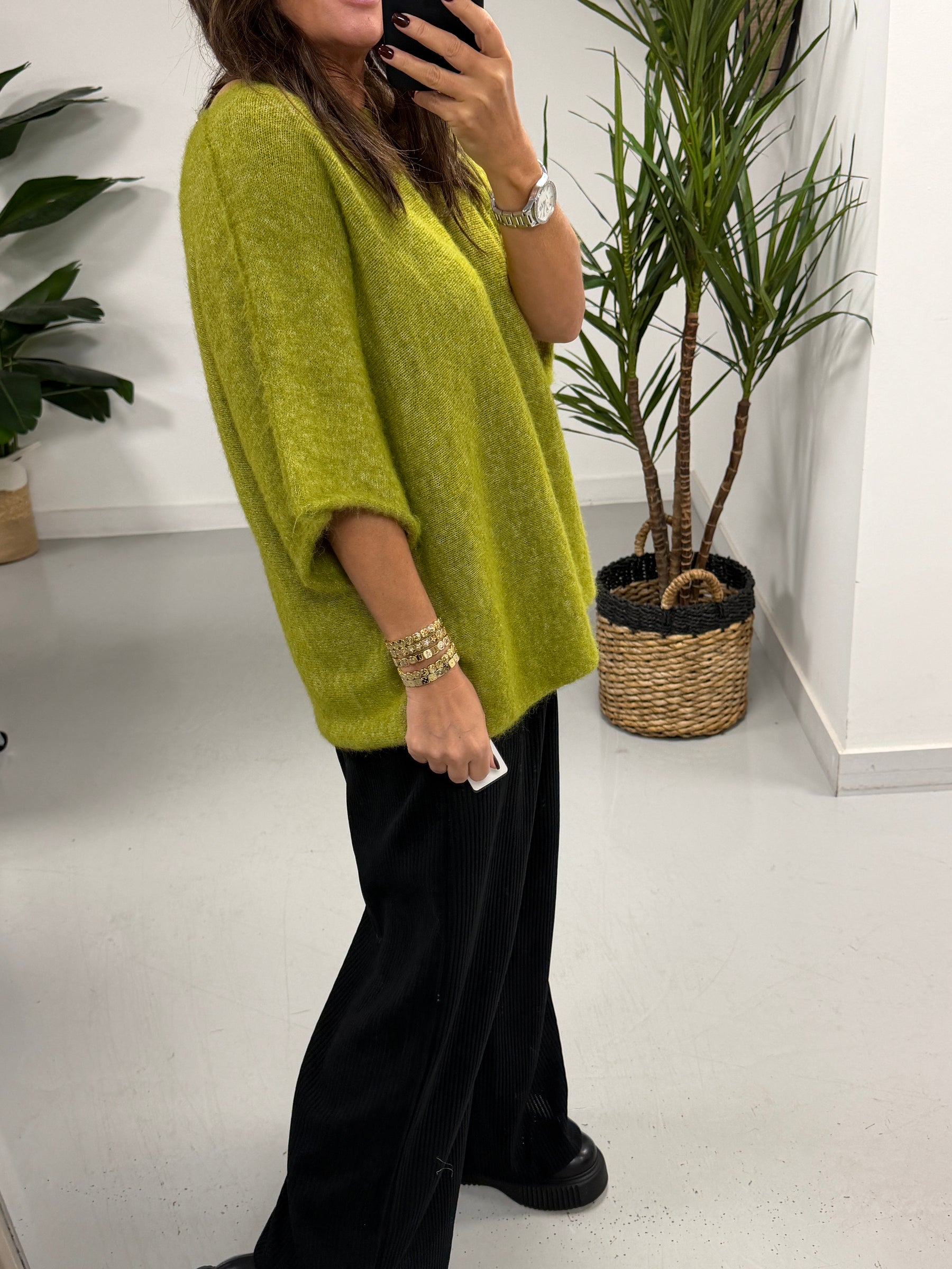 Sofia Soft Knit Crop Sleeve Knit Jumper - Olive Green (Size 10-16)