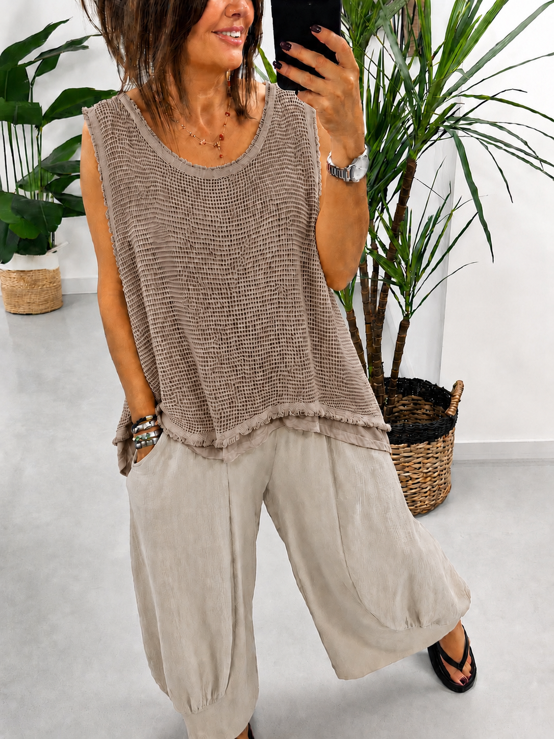 Distressed Mesh Tunic - Taupe