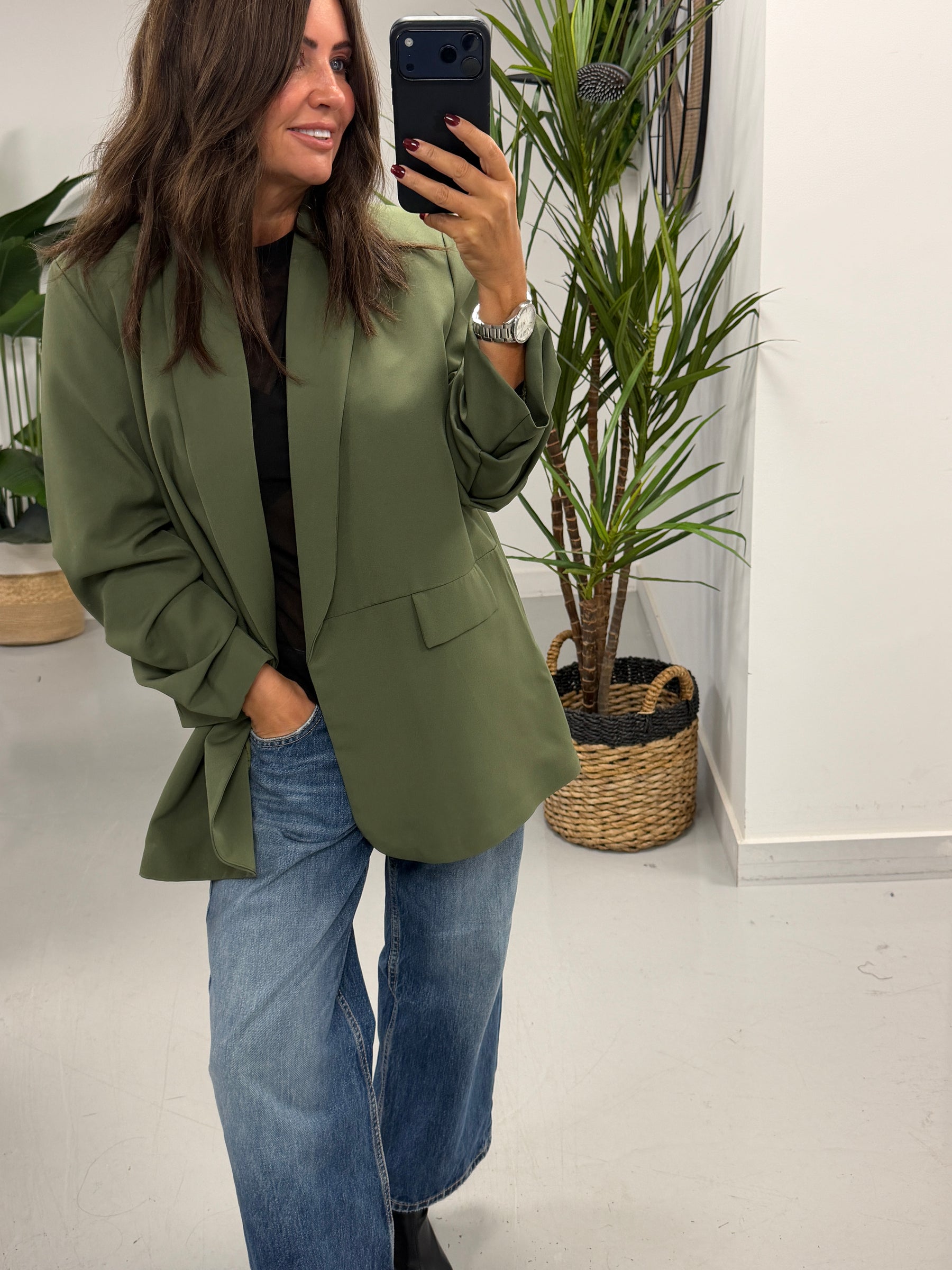 Ruched Sleeve Blazer - Khaki (Plus sizes)