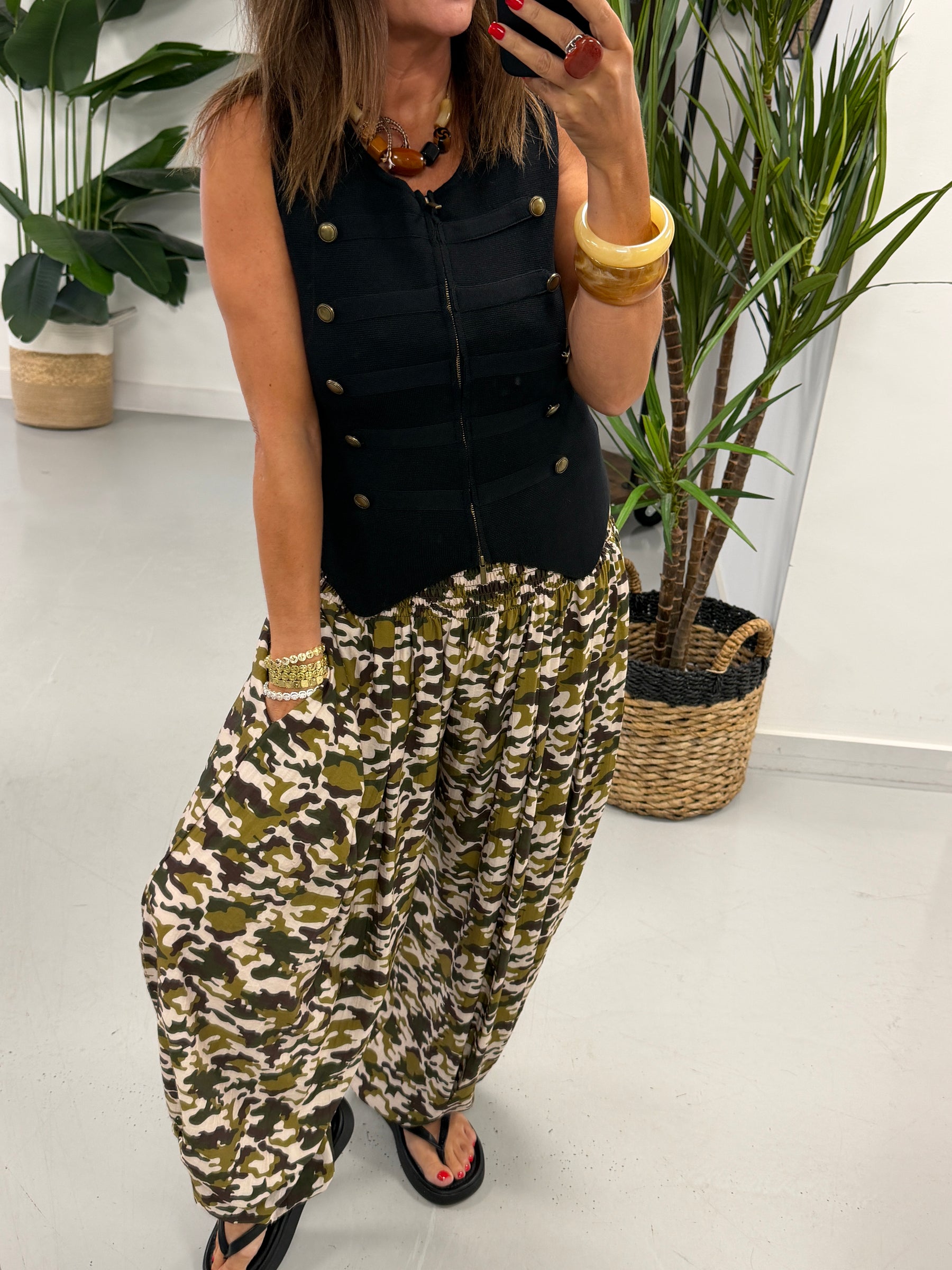The Shirred TicToc Crinkle Balloon Trouser - Green Camo