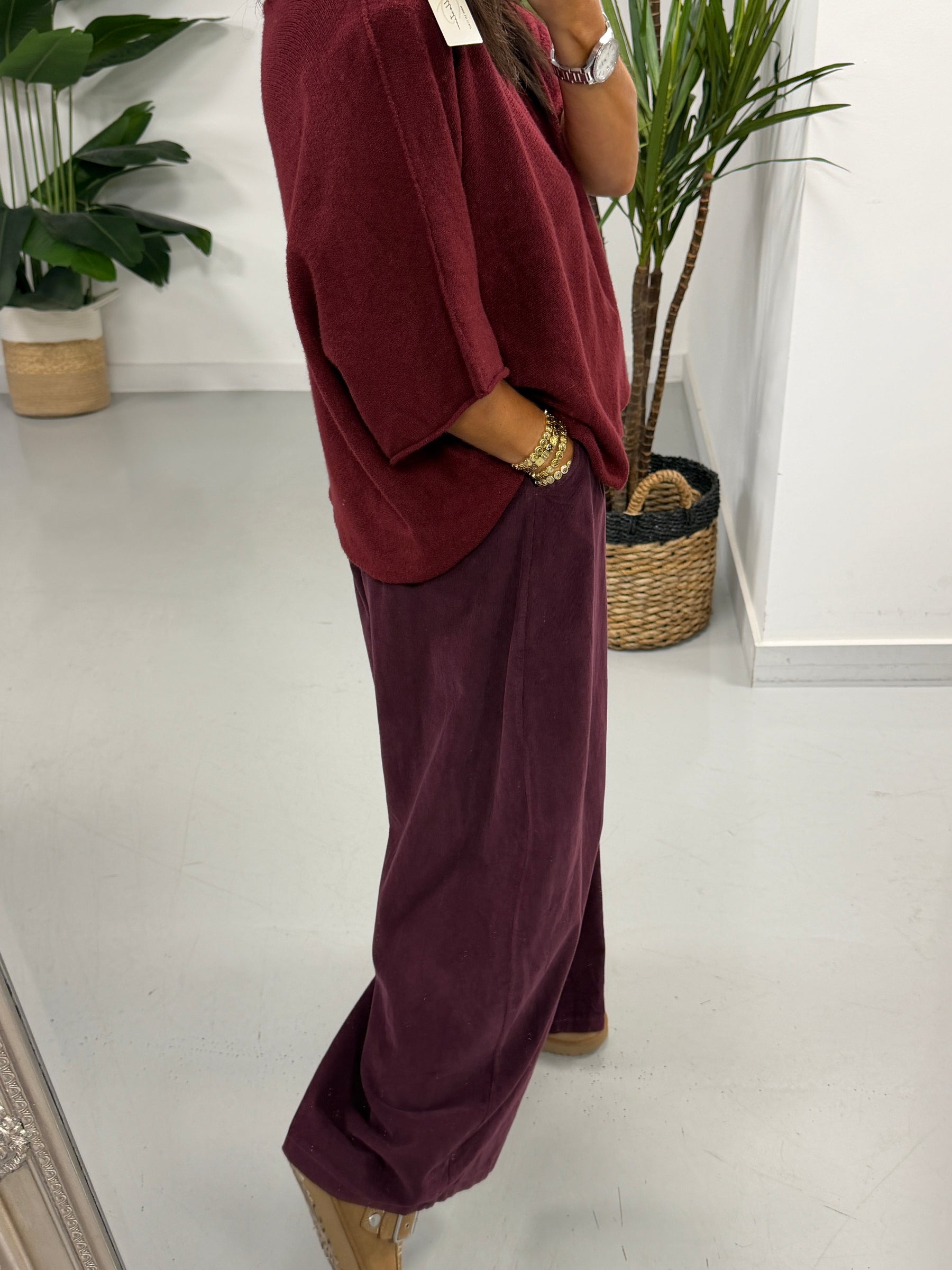 Gracie Crop Sleeve Knit - Wine