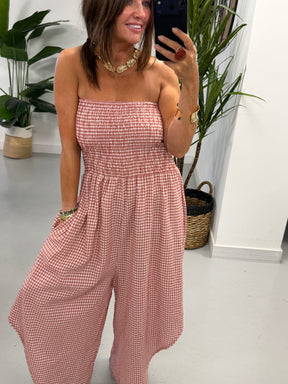 Gingham Genie Bandeau Jumpsuit  -Raspberry
