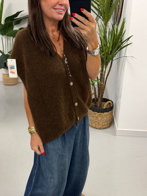 Button Up Slouchy Crop Sleeve Knit - Chocolate