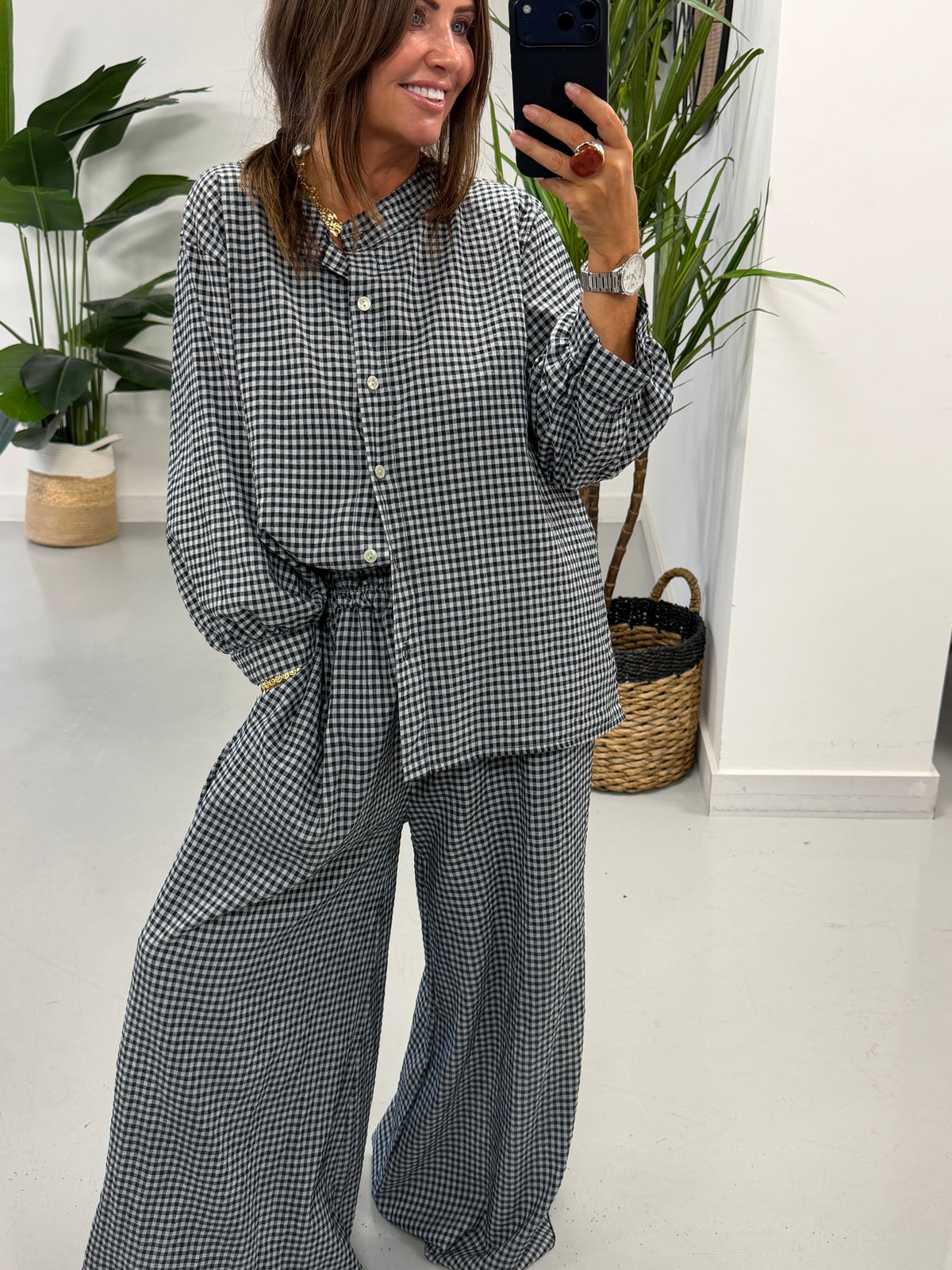The Gingham Split Wide Leg Trousers - Black