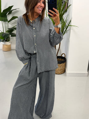 The Gingham Split Wide Leg Trousers - Black