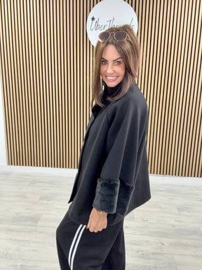 Faux Fur Sleeve Swing Jacket - Black