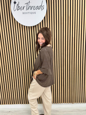 The Bell Sleeve Stripe Soft Knit - Chocolate