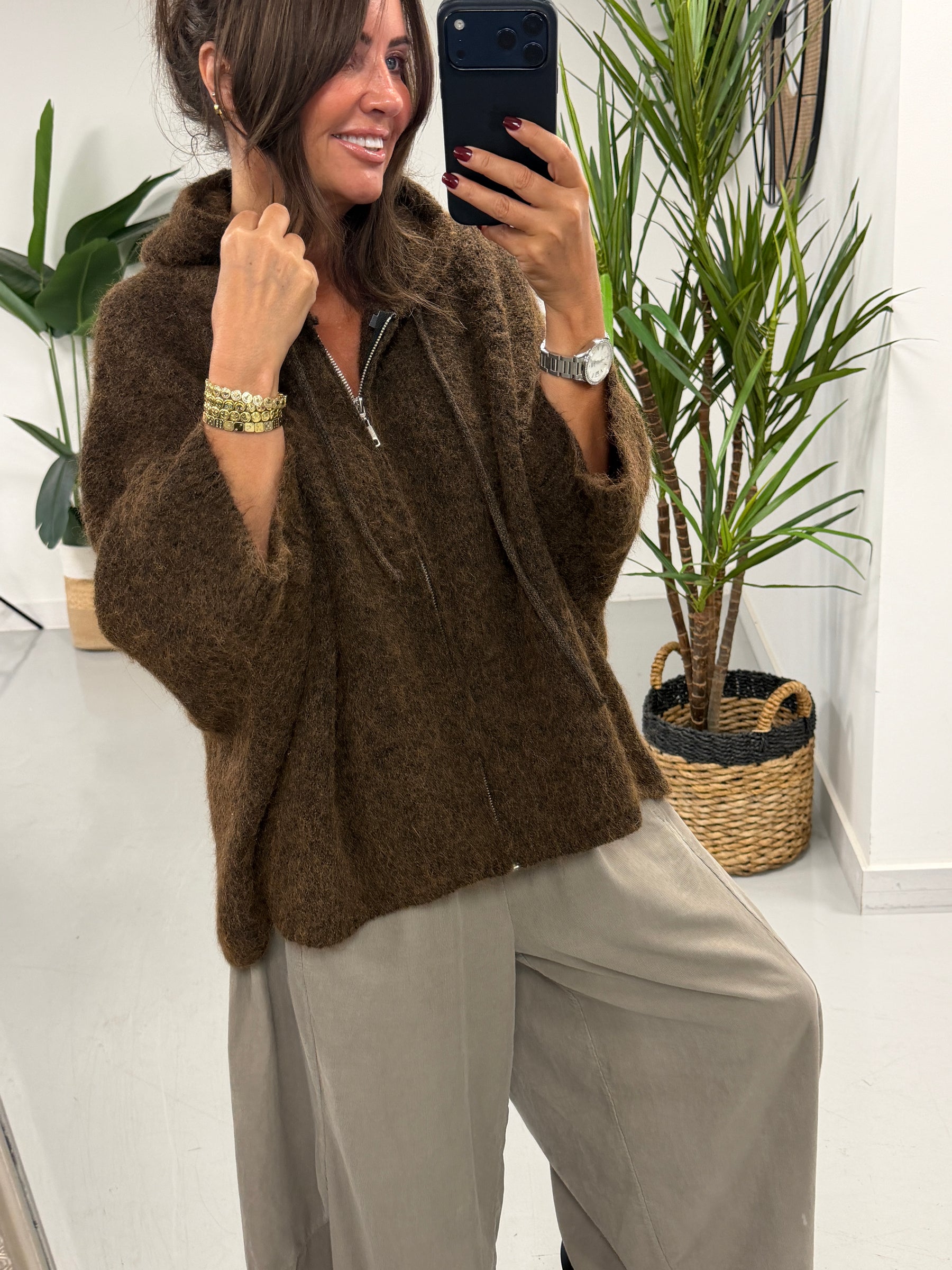 Hooded Zipped Cardigan - Chocolate (Size 12-18)