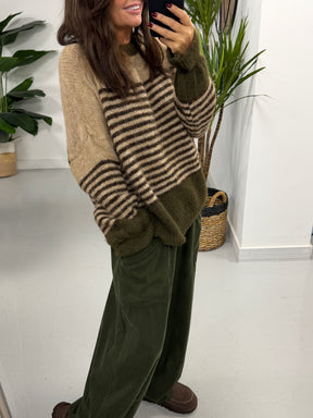 Rustic Stripe Knit Jumper  - Green/Mocha/Chocolate (Size 10-18)