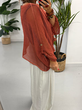 Mesh Button Cardigan - Rust