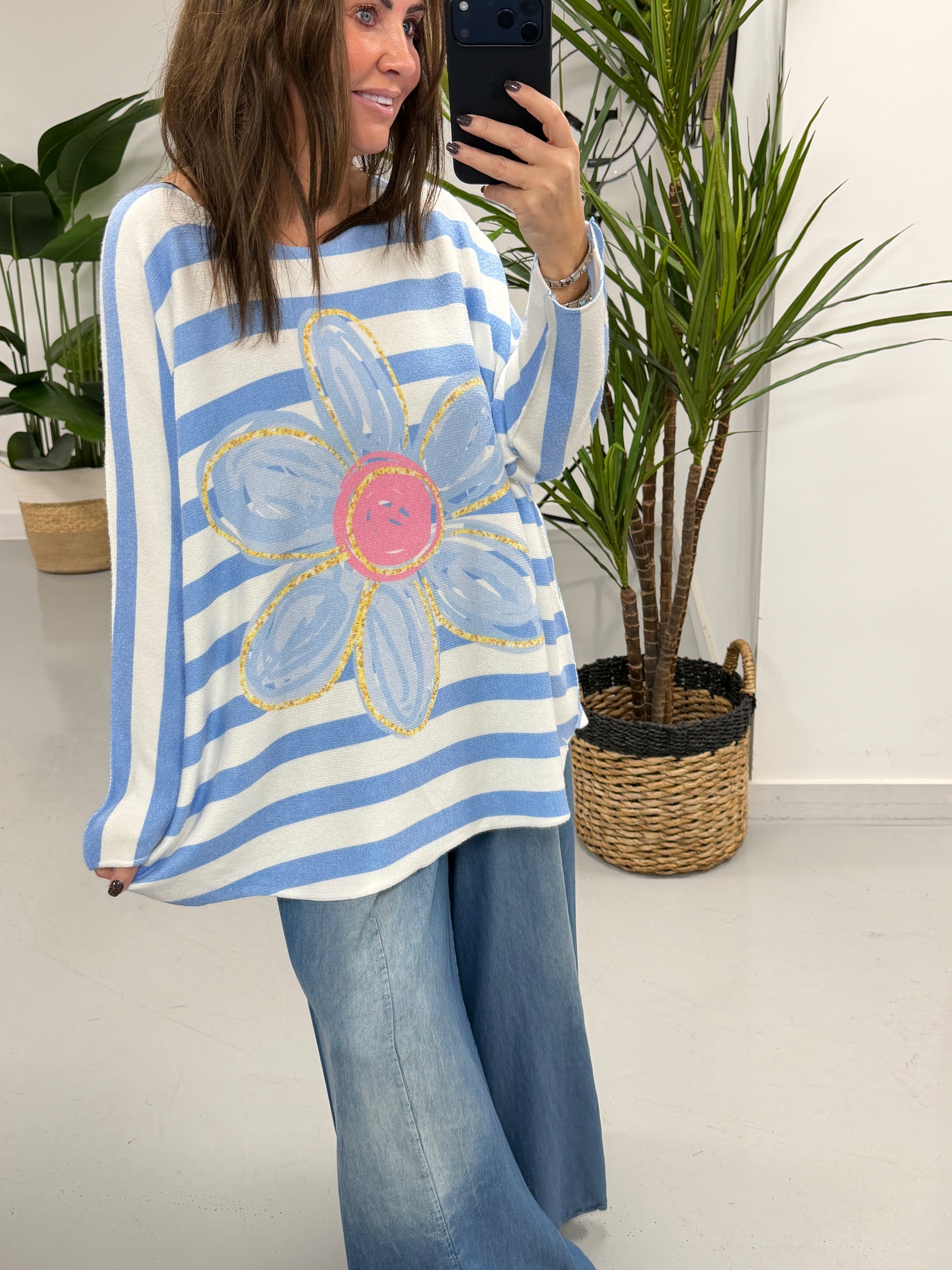 The Daisy/Stripe Soft Knit - Powder Blue