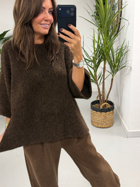 Sofia Soft Knit Crop Sleeve Knit Jumper - Chocolate (Size 10-16)