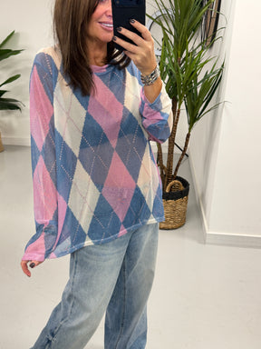 The Tartan Mesh Top - Denim Blue/Pink