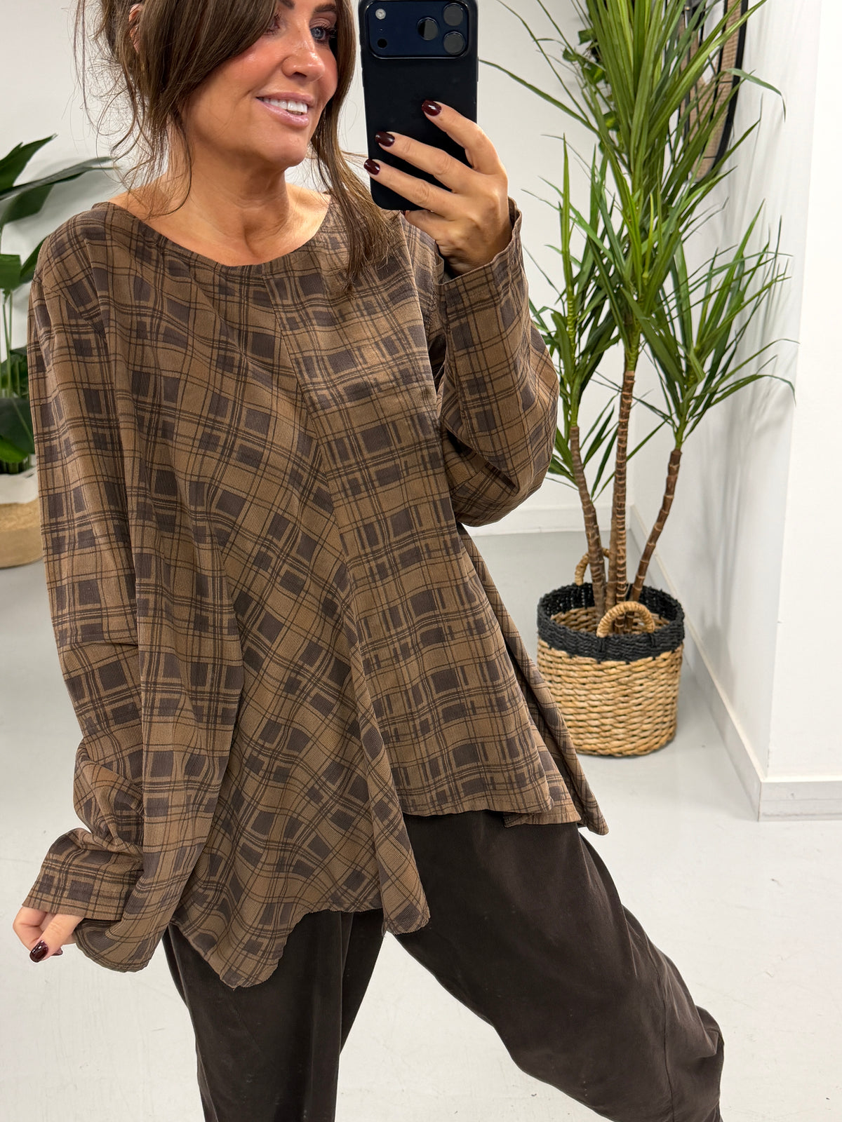 The Herritage Check Needlecord Tunic - Camel/Chocolate (Size 12-16)