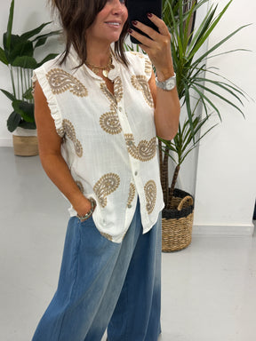 The Paisley Cotton Sleeveless Blouse - Camel