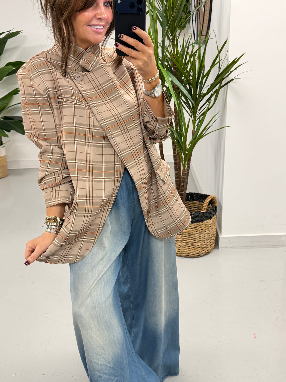 Madison Funnel Neck Blazer - Taupe Plaid (pre order due in next few days)