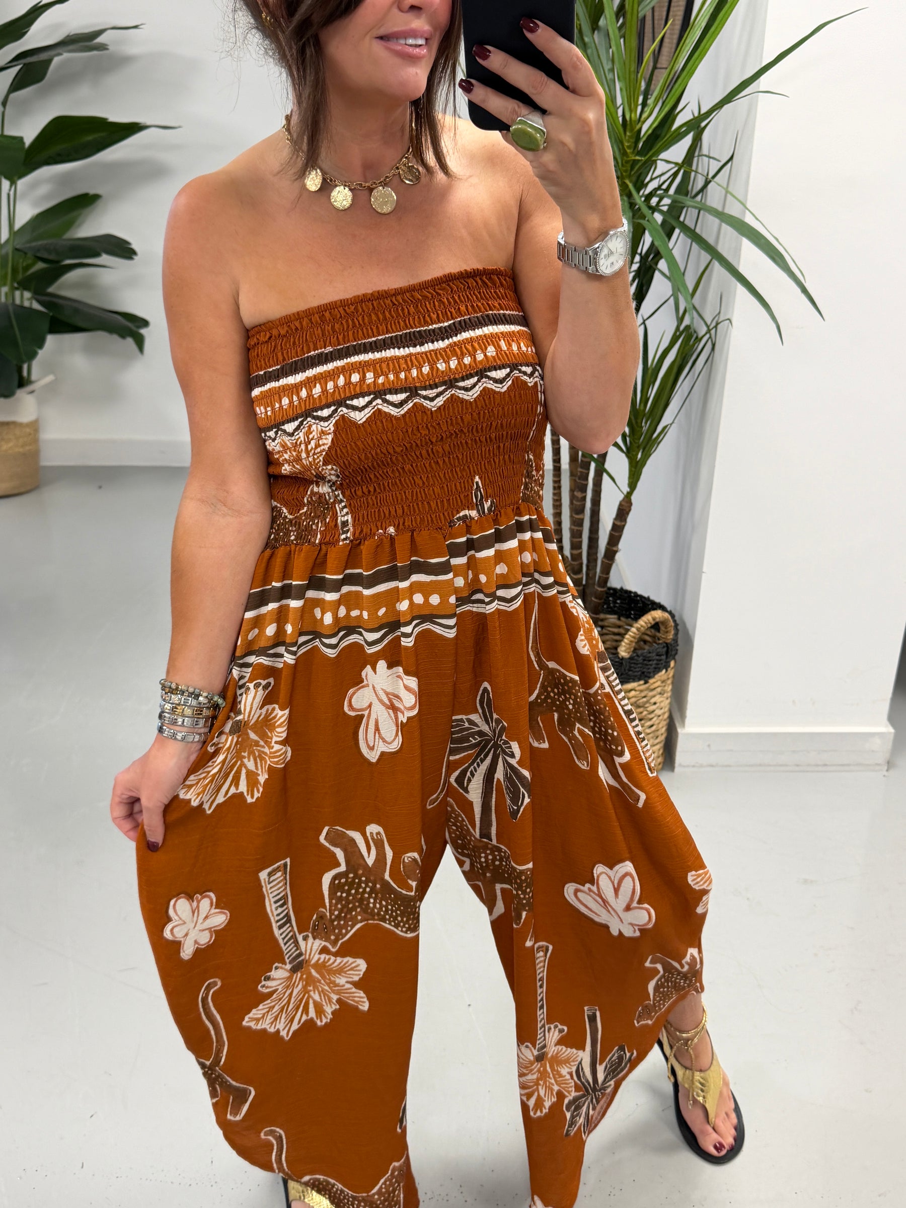 Funky Animal Bandeau Jumpsuit -Rust
