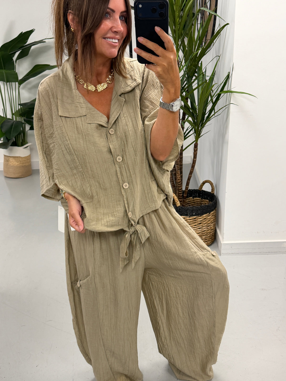 The Crinkle Button Tie Shirt - Sand